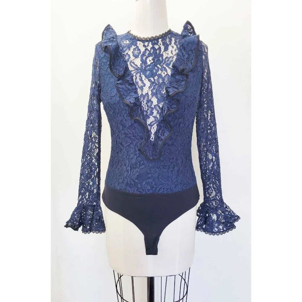 Alexis Womens Pollie Illusion Voulant Bodysuit Lace Top Blouse Navy - NWT M